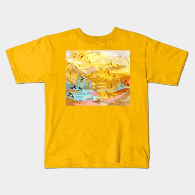 Abstract Landscape with Swallows at Sunset Kids T-Shirt by micklyn